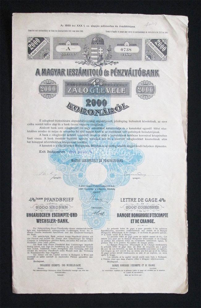 Magyar Leszámitoló és Pénzváltó Bank 4% záloglevél 2000 k 1903